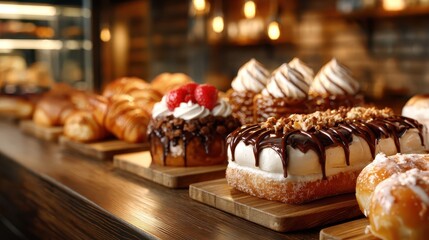 A vibrant display of assorted pastries showcasing tempting donuts, decadent chocolate, and fresh fruits, highlighting the artistry and indulgence of baked goods in a cozy ambiance.