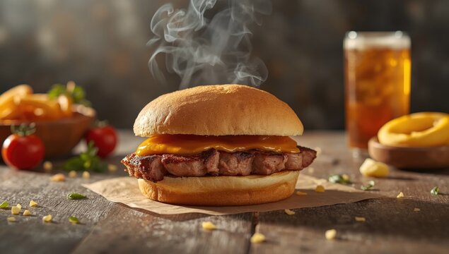 Pepito burger with meat and condiments, highlighting fast food service and meal assembly process