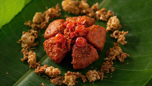 Chopped cow lungs fried with red chilli and tempe, highlighting preparation and texture, World Food Day