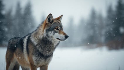 Obraz premium Eurasian wolf in winter landscape, highlighting natural habitat and survival behavior
