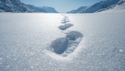 Freshly made boot print in snow illuminated by sunlight, outdoor winter landscape highlighting hiking and adventure