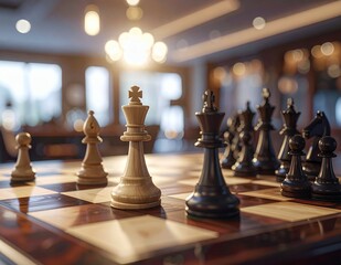 Chessboard with pieces in a warm, inviting room, ready for a strategic game.