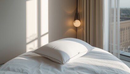 Bedroom pillow placed on a bed, emphasizing sleep aid and interior styling, under natural light, with fabric textures and household setting