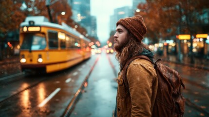 A solitary figure on a rainy city street, wearing a knit hat and backpack, gazing into the distance amidst a backdrop of urban life and soft bokeh lights.