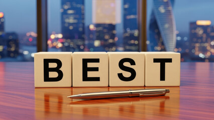 Business Excellence Concept: Wooden blocks spelling BEST on office desk with luxury pen for professional success goals