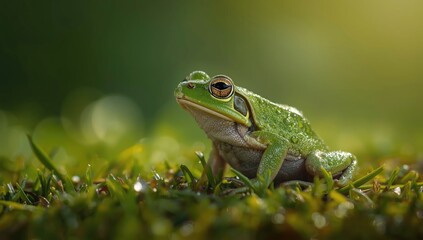 Naklejka premium Frog perched on grass, illustrating natural environment, macro shot, World Wildlife Day