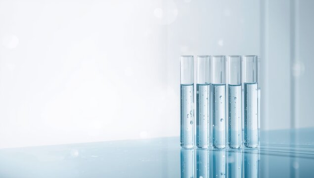 Reflections on white and blue background of laboratory glassware, highlighting scientific testing procedures