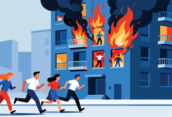 A building on fire with people escaping and others trapped