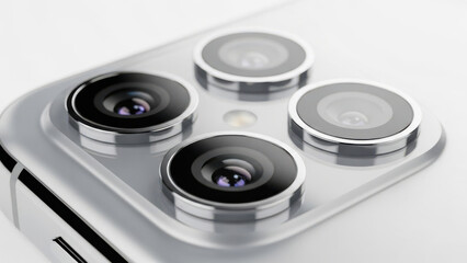Smartphone Camera Technology: Close up of triple lens camera system on silver mobile phone for professional mobile photography