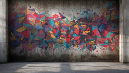 Concrete wall painted with bright geometric spray art, suitable for graphic design or visual branding
