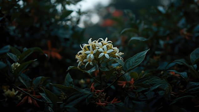 Night-flowering jasmine, Nyctanthes arbor-tristis, known as parijat, with fragrant blooms opening at dusk, highlighting ornamental plant characteristics
