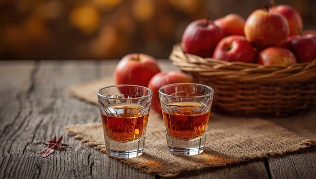 Red apples and apple brandy shots in a wicker basket, food preservation and seasonal harvest