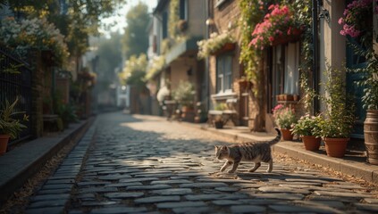 Obraz premium Village setting with a small cat exploring the streets, highlighting urban wildlife interactions
