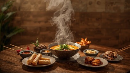 Classic Asian dishes presented in a cozy environment, highlighting hearty home-style cooking