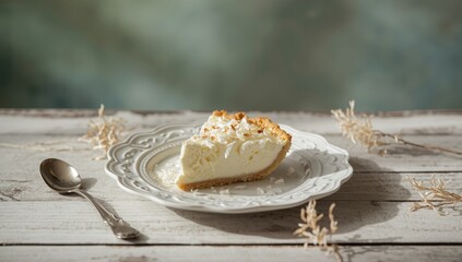 Baked coconut pie, a sweet, coconut-flavored dessert for culinary presentation or menu background