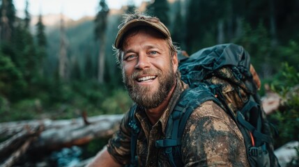 Obraz premium A cheerful man enjoying the beauty of a lush forest while hiking, conveying positivity and a deep connection with nature, reflecting the joy of outdoor adventures and exploration.