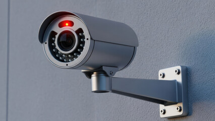 Outdoor Security Monitoring: Professional bullet cctv camera with red indicator light mounted on wall for building exterior safety.
