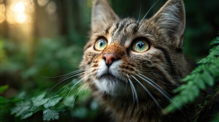 A captivating close-up of a curious cat surrounded by lush greenery; its bright eyes and unique fur pattern reflect an engaging moment in nature's beauty.