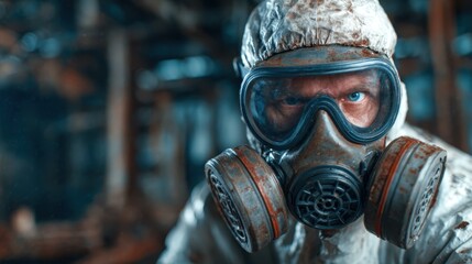 A focused individual wearing a protective suit and mask, highlighting the importance of safety and determination while working in a challenging and serious industrial environment.