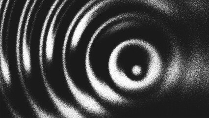 Grainy black and white background with concentric circular waves, glowing highlights and spiral ripples created from thousands of individual dots. Glares create an illusion of depth and optical motion