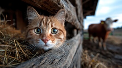 A cute ginger cat peers out from a rustic barn, showcasing its inquisitive nature while a cow stands in the background, creating a serene farming atmosphere.