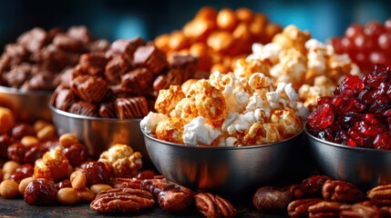 Obraz premium A vibrant array of assorted snacks, including popcorn and chocolate, is displayed in metallic bowls, ideal for a cozy movie night with friends and family, radiating warmth and fun.