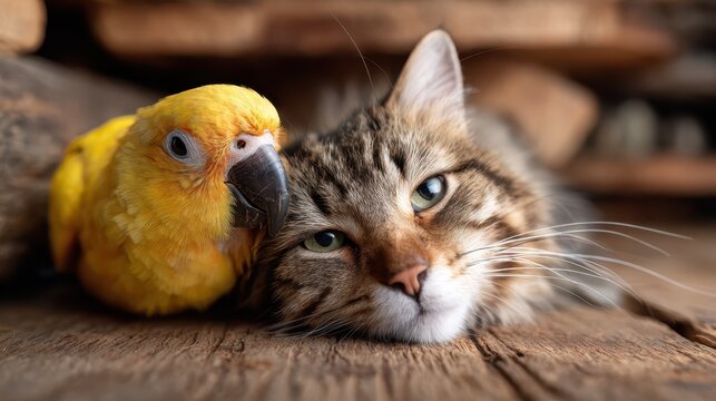 A charming scene captures a cat and a parrot cuddling together, showcasing the beauty of unlikely friendships between different species in a cozy, warm environment.