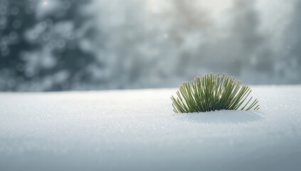 Snow-dusted green pine needles, seasonal forest detail, Earth Day