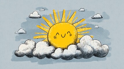 Animated illustration of a smiling sun surrounded by fluffy white and grey clouds on a light blue-grey background, simple cheerful design