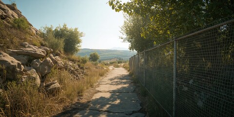 Rustic landscape features a mesh wire fence with rocks and greenery lining the sidewalk, rural boundary maintenance