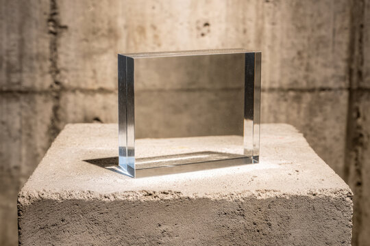 Blank e-ink screen mockup with beveled frame displayed on concrete pedestal