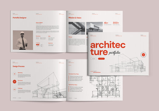 Modern Architectural Portfolio Template with Building Sketch and Blueprint Design