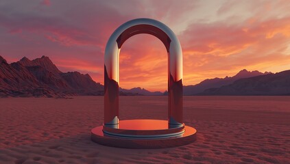 Arid terrain featuring a mirror arch with geometric shapes and mountain backdrop, Earth Day