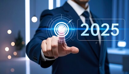 Businessman Interacting with Futuristic 2025 Digital Interface.