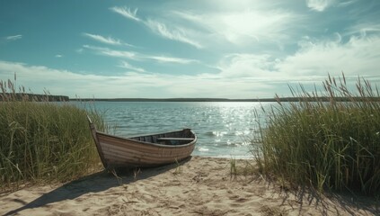 Obraz premium Reed-bound fishing boat resting on a lakeshore, used for natural scenery in environmental or tourism materials