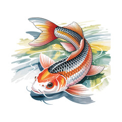 Watercolor Koi Fish Illustration with Orange and Black Scales in Rippling Water