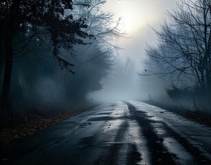 Generative AI Mysterious Foggy Street with Dead Trees and Wet Asphalt Road