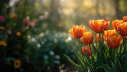 Field of vibrant orange tulips during peak flowering, suitable for floral background design