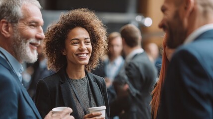 A diverse group of well-dressed professionals are engaged in casual conversation, smiling and interacting during a social gathering