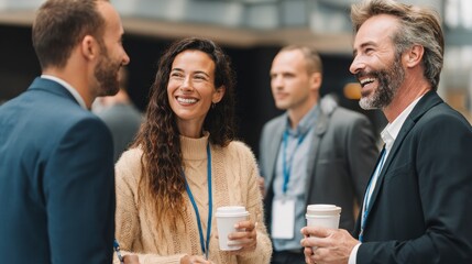 Group of professionals in business attire conversing joyfully while holding takeaway coffee cups, socializing