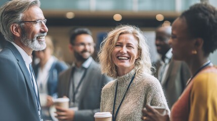 Group of diverse professionals laugh and converse during a bright networking event. Some hold coffee cups and smart devices