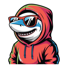Cool Shark Character in Red Hoodie and Sunglasses, Streetwear Style Illustration