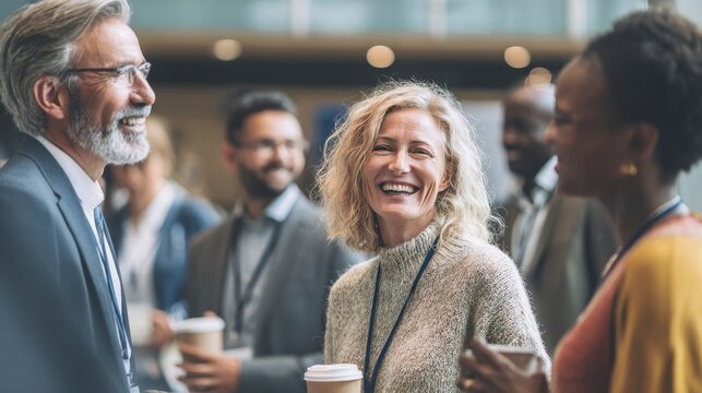 Group of diverse professionals laugh and converse during a bright networking event. Some hold coffee cups and smart devices - Powered by Adobe