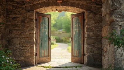 Weathered wooden door set in a stone wall highlights historic architecture, suitable for restoration projects