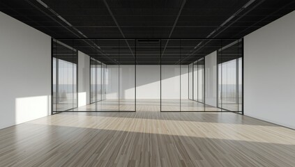 Modern office area featuring glass partitions and a sleek black ceiling, workspace layout