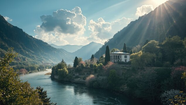 Imposing residence situated among mountain and river scenery in an agricultural region, landscape setting for rural planning