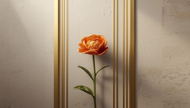 Bright orange ceramic flower akin to peony, blooming near textured wall with gold stripe accents, decorative floral element