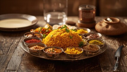 Bukhori rice accompanied by a variety of herbs and seasonings, suitable for cultural cuisine