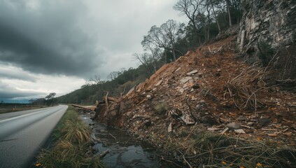 Obraz premium Roadside landslides and hazards affecting safety, erosion and sediment movement