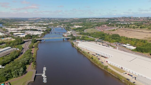Newcastle upon Tyne UK: 15th Aug 2025: Panoramic drone view of Scotswood River Tyne in Newcastle with new housing estate in Elswick and Vickers factory 